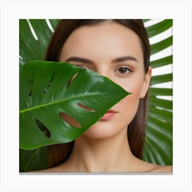 Woman With Green Leaves On Face Canvas Print
