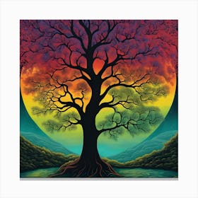 Vibrant Tree Silhouette under Full Moon Canvas Print