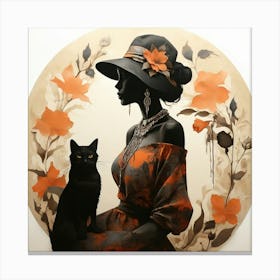 Boho Art Silhouette of a stylish woman with a cat 1 Canvas Print