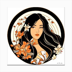 Black, White And Orange Illustration Of A Beauty In A Circle With Flower Decoration Canvas Print