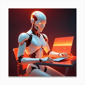 A Humanoid Robot Sits At A Desk In A Futuristic Office, Typing On A Keyboard With A Screen Showing A Chart Of Fluctuating Data Canvas Print