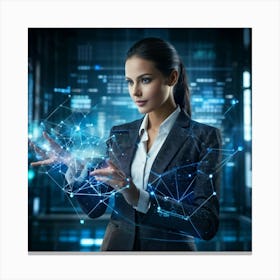 Cybernetic Advocate A Businesswoman Encapsulated In A Futuristic Suit Her Hand Garnished With Hol (1) 2 Canvas Print