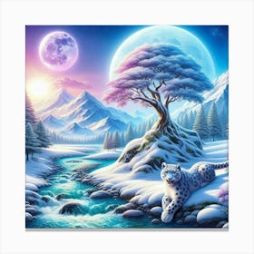 Snow Leopard next to a white tree Canvas Print