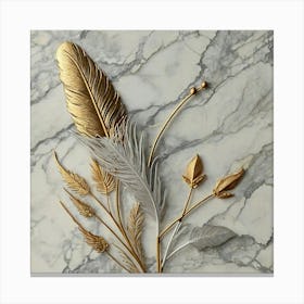 Gold Feathers On Marble Canvas Print