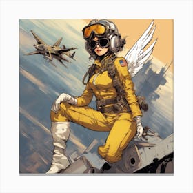 A Badass Anthropomorphic Fighter Pilot Angel, Extremely Low Angle, Atompunk, 50s Fashion Style, Intr Canvas Print