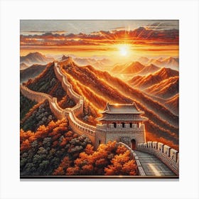 a shimmering diamond painting of the great wall of china at sunset, capturing the warm glow on the intricate latticework. 3 Canvas Print