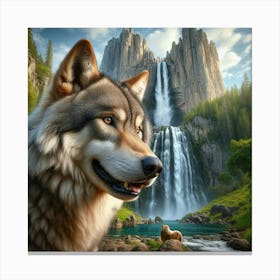 Wolf And Waterfall Canvas Print