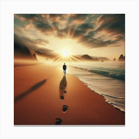 Man Walking On The Beach At Sunset Canvas Print