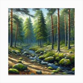 Stream In The Forest, Acrylic Painting Style 5 Canvas Print