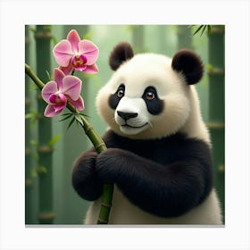 Panda In Bamboo With Orchids 1 Canvas Print