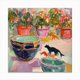 Cat In Blue Bowls Art Canvas Print