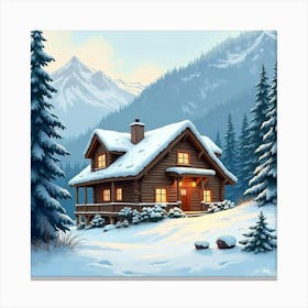 Cozy Mountain Cabin In Watercolor, With Snow Covered Roofs And Warm Lights Canvas Print