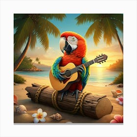 A Colorful Parrot Playing A Guitar On A Beach At Sunset Canvas Print