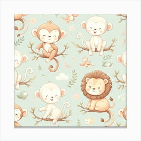 Monkeys And Lion Wall Paper Canvas Print
