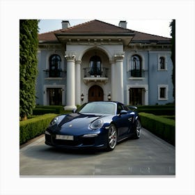 Dark Blue Porsche In Front Off Big Mansion Canvas Print