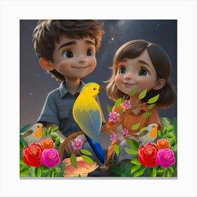 Cute Couple With Birds And Flowers Canvas Print