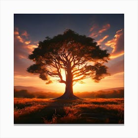 A Majestic Lone Tree Stands In An Open Field With The Setting Sun Casting Its Fiery Glow Canvas Print