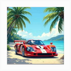 Porsche 911 Gt1 In A Bright, Watercolor Tropical Island Setting Canvas Print