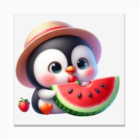 Cute Penguin Eating Watermelon 2 Canvas Print