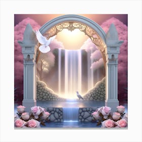 Waterfall With Roses And Doves Canvas Print