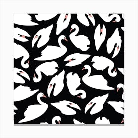 White Swan Pattern On Black Square Canvas Print