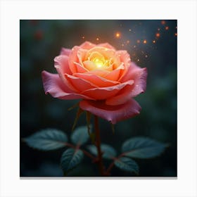 A Dreamy Rose With Petals Of Flowing, Celestial Fire Blooming In A Surreal Garden Canvas Print