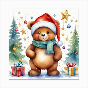 Christmas Bear with gifts and Christmas tree Canvas Print