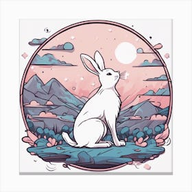 Sticker Art Design, Bunny Howling To A Full Moon, Kawaii Illustration, White Background, Flat Colors 1 Canvas Print