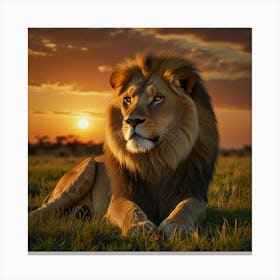 A Majestic Lion Lounging On A Grassy Savanna At Sunset, Surrounded By The Golden Hues Of The Setting Sun And The Vast Expanse Of The African Plains 3 Canvas Print