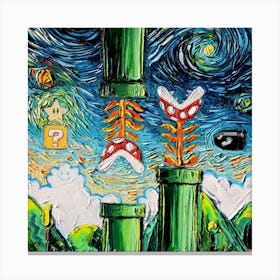 Super Mario Bros Starry Night Van Gogh Parody Canvas Print