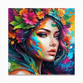 Colorful Girl With Flowers Canvas Print