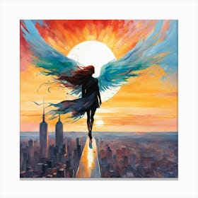 An Angel Flying In The Sky Over A City Against The Setting Sun Masterpiece Vibrant Colors Sharp 899955904 Canvas Print