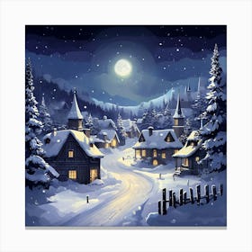 Full Moon On Christmas Serene Winter Night In A Snow Covered Village Canvas Print