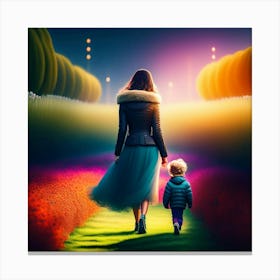 Mother And Child Walking In A Garden Canvas Print