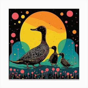 Ducklings At Night Linocut Style 1 Canvas Print
