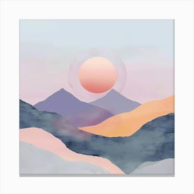 A Hand Drawn Pastel Minimalist Illustration Of A Sunset In The Mountains 3 Canvas Print