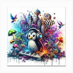 Penguin With Headphones 4 Canvas Print