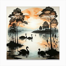 Boho art Silhouette of Lake and swans Canvas Print