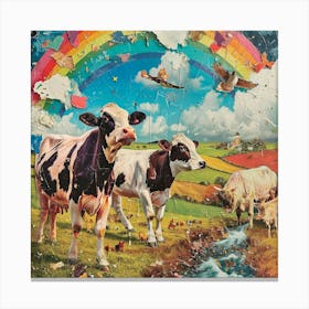 Retro Rainbow Cow Collage 3 Canvas Print