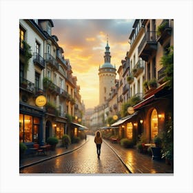 City Street At Sunset Canvas Print