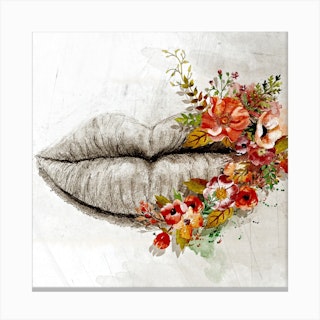 Lip Hugs Flowers Square Canvas Print