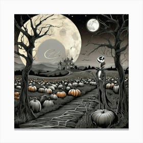 Jack Skellington standing in a moonlit ghostly landscape, with pumpkin patch and twisted trees Canvas Print