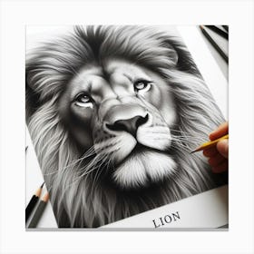 A Portrait of a Lion: A Realistic and Shaded Pencil Drawing of a Lion with a Bold Font Canvas Print