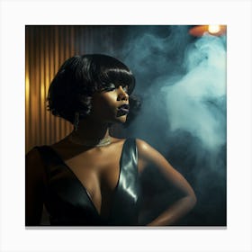 Available to purchase - A Smoking Hot Voluptuous Sexy Black Woman In A Black Latex Dress Eyes Closed - Created by Midjourney Canvas Print