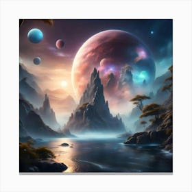 Galaxies and Planets Over Mountain Canvas Print