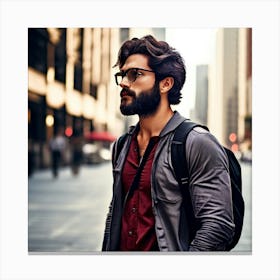 Man In Glasses Walking In City Canvas Print