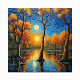 Twilight Harmony: Dual Orbs Over Golden Grove Reflections wall art Canvas Print