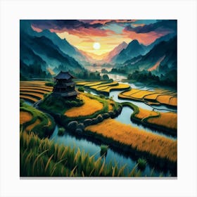 Beautiful views of rice fields, close to the river and surrounded by mountains, 17 Canvas Print