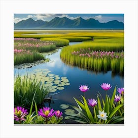 Marsh with mountain view Canvas Print