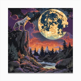 Wolf Moon Cliff Night Forest Stars River Rocks Clouds Twilight Wilderness Trees Nature Dusk Canvas Print